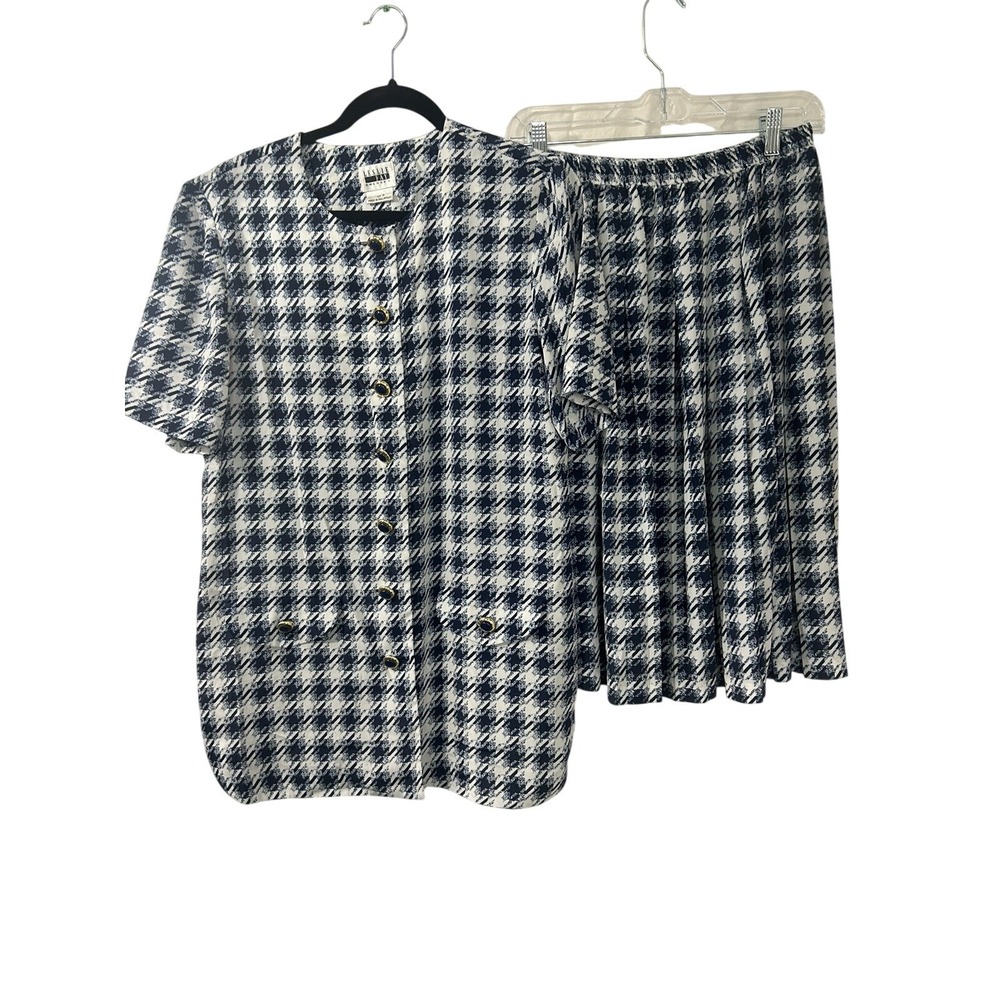 Leslie Fay Vintage‎ Houndstooth 2 Piece Skirt Set Navy White Womens 10 Pleated